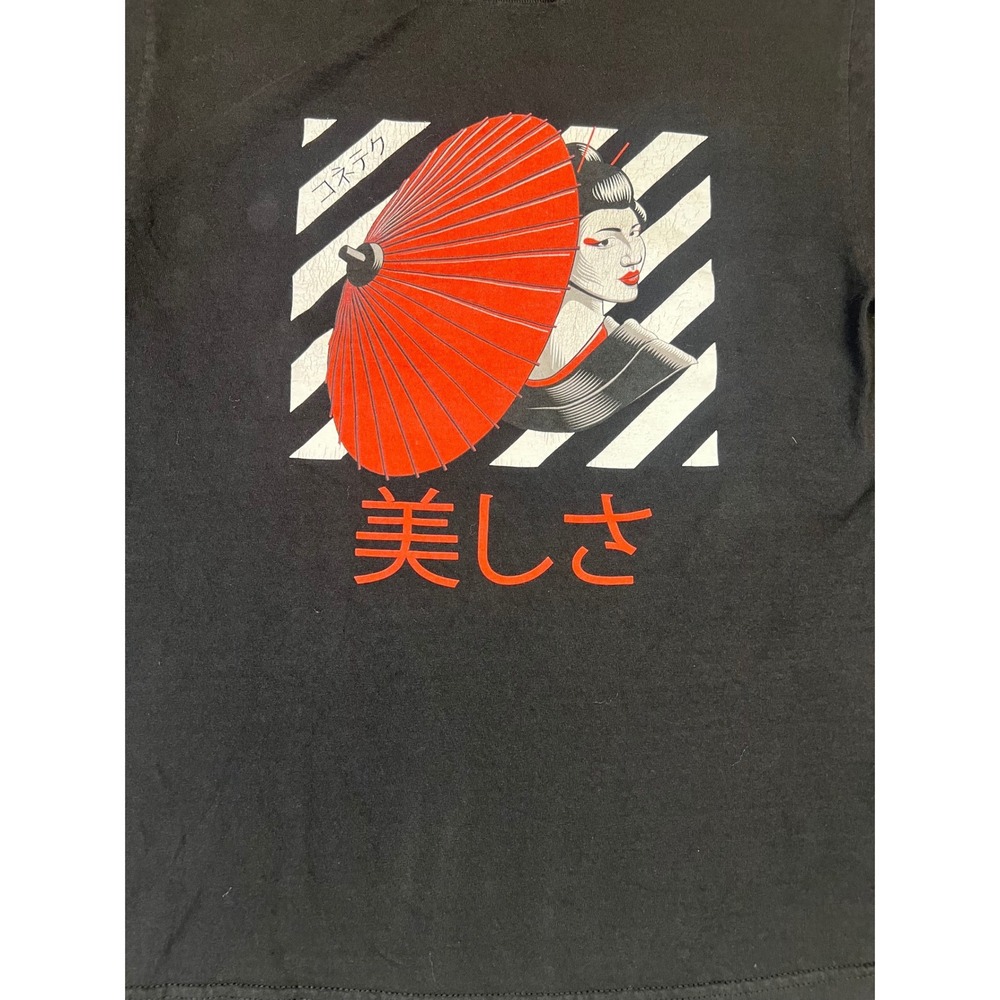 Connetic Mens Black Geisha Graphic T-Shirt Japanese Parasol Kanji Print Size M